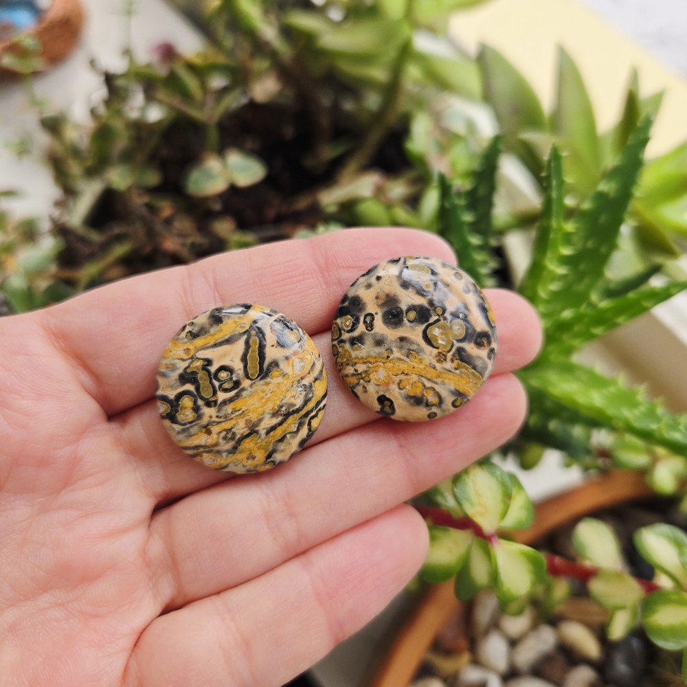 Vintage Leopard Skin Jasper Oversized Studs Chunky Stone Stud Earrings - Picture 3 of 9